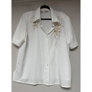 Liz Baker Blouse Women 16 White Excellent Floral Embroidered Sequin Button Up